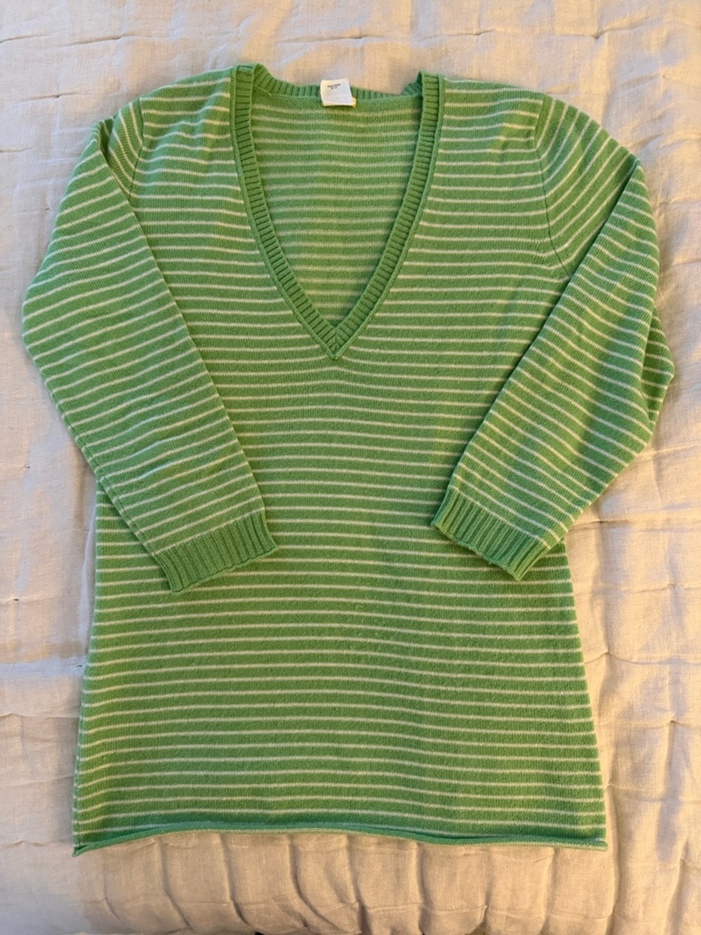 J. Crew Green & White Striped V-Neck Sweater